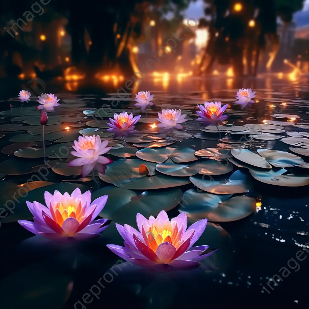 Lotus flowers floating in an illuminated oasis pond - Image 2