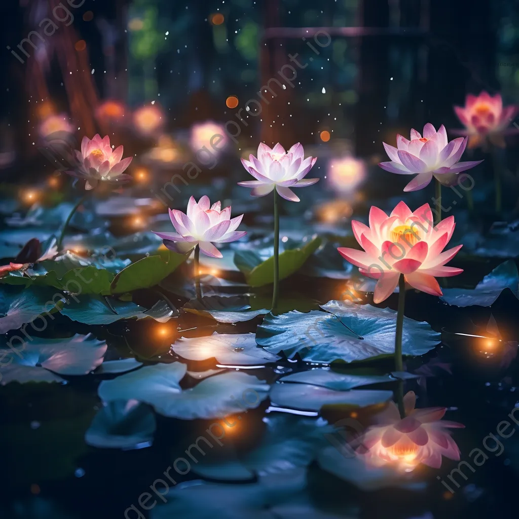 Lotus flowers floating in an illuminated oasis pond - Image 3