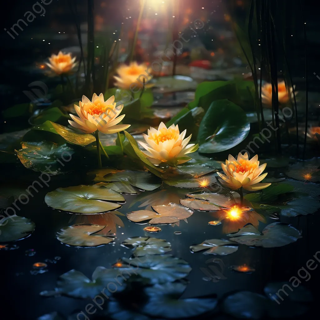 Lotus flowers floating in an illuminated oasis pond - Image 4