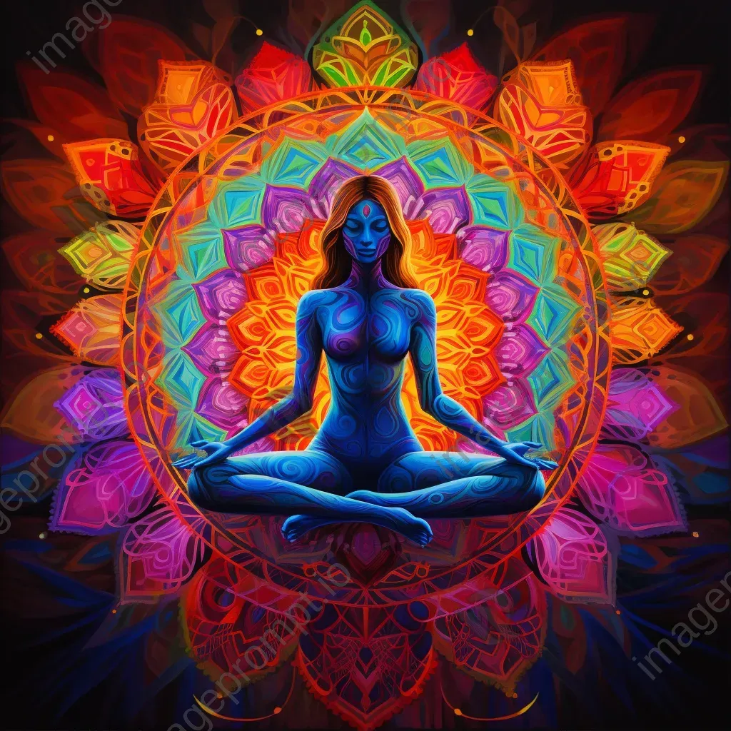 Expressionist artwork of illuminated chakras within a meditating silhouette - Image 1