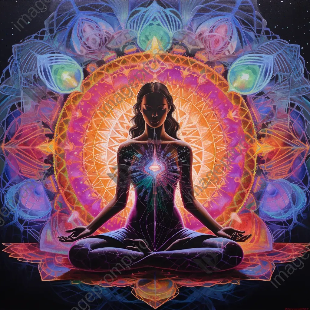 Expressionist artwork of illuminated chakras within a meditating silhouette - Image 4