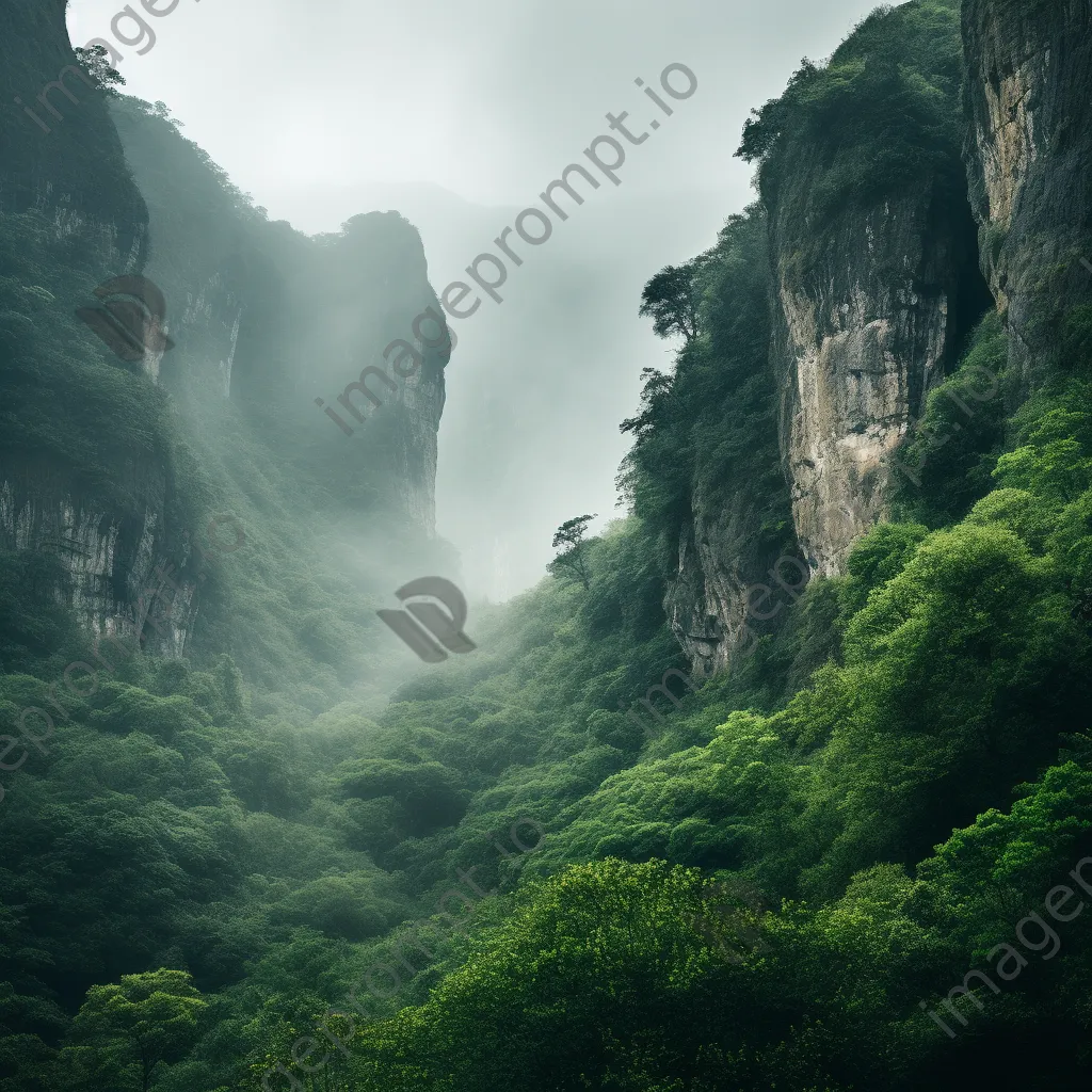 Sheer mountain cliff face surrounded by morning mist and greenery. - Image 1