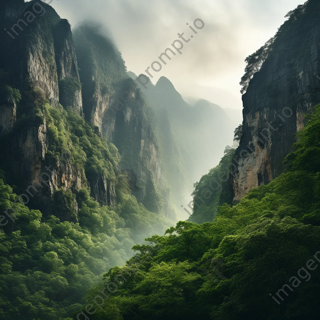 Sheer mountain cliff face surrounded by morning mist and greenery. - Image 2