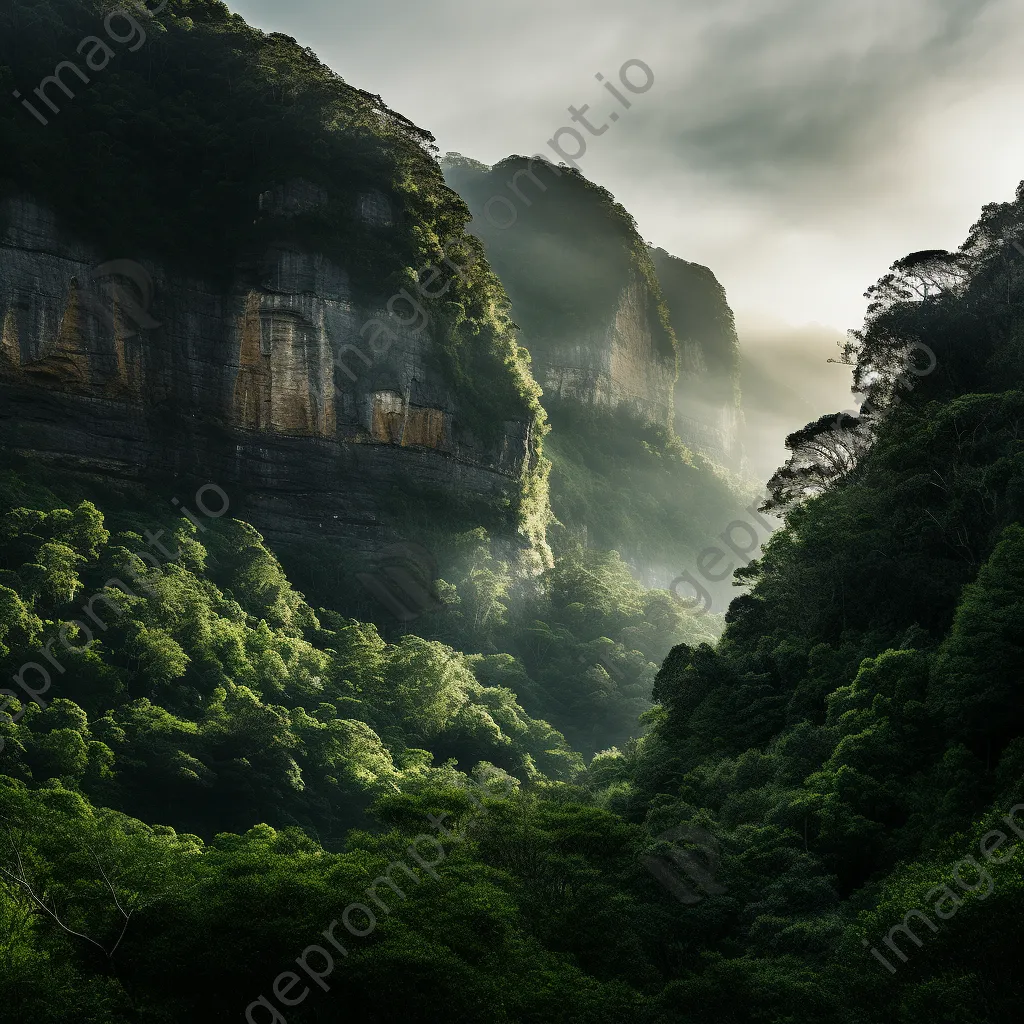 Sheer mountain cliff face surrounded by morning mist and greenery. - Image 3