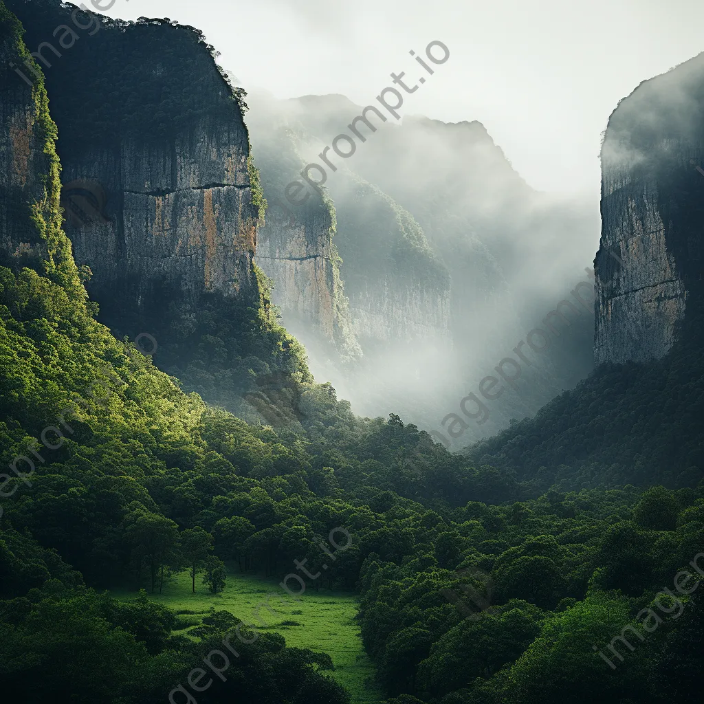 Sheer mountain cliff face surrounded by morning mist and greenery. - Image 4