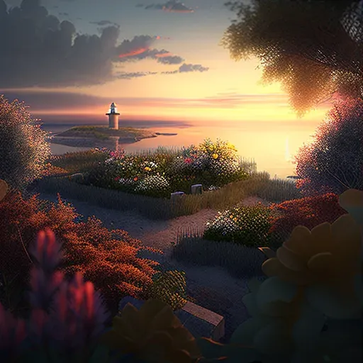 Image of a coastal garden at sunset with a lighthouse view and sea reflections - Image 3