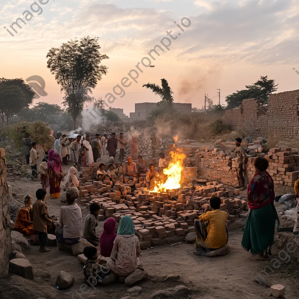 Community gathering around a brick kiln at twilight - Image 1