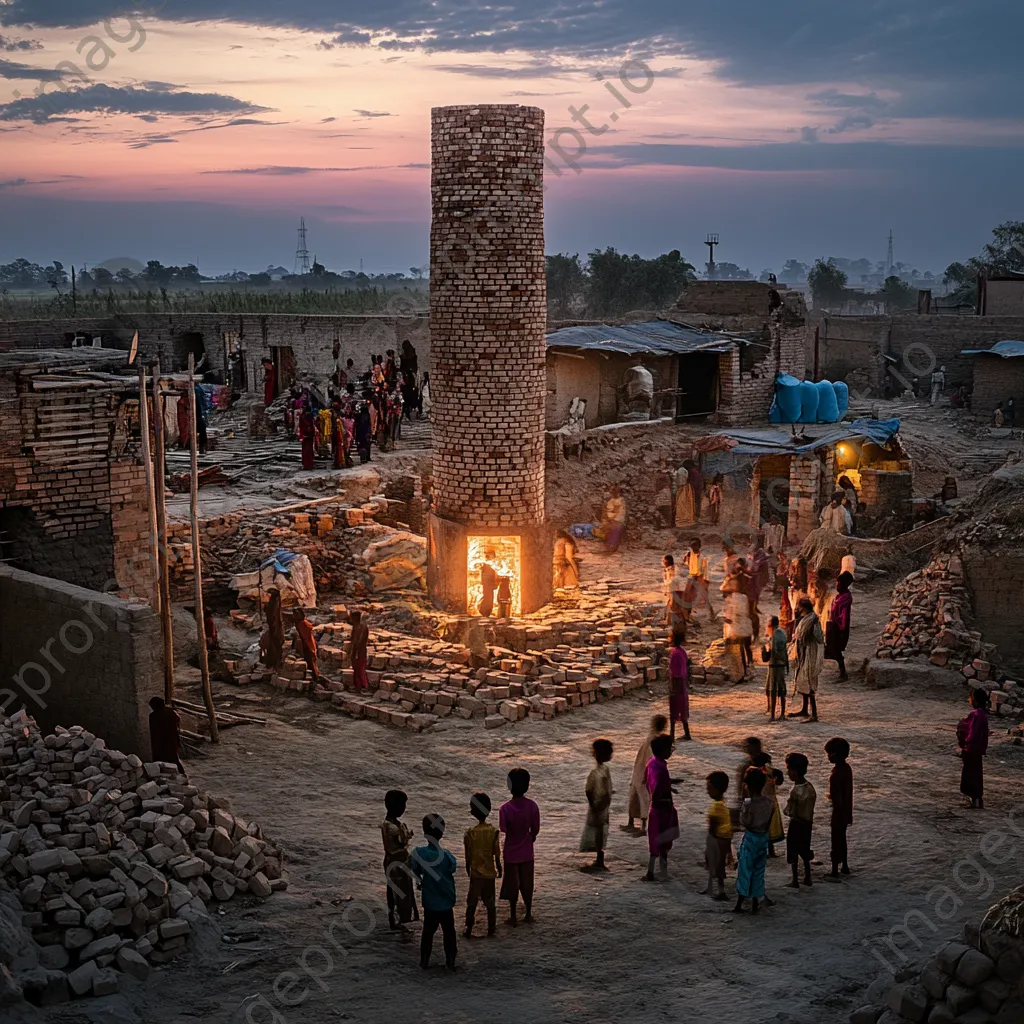 Community gathering around a brick kiln at twilight - Image 2