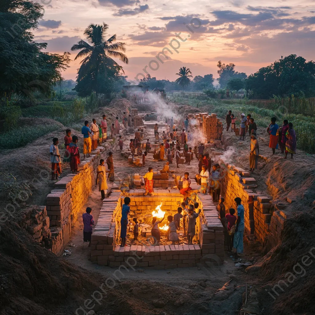 Community gathering around a brick kiln at twilight - Image 3