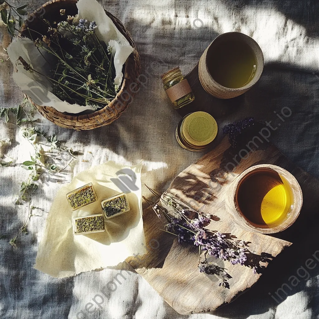 Flat lay of homemade products from hedgerow - Image 1