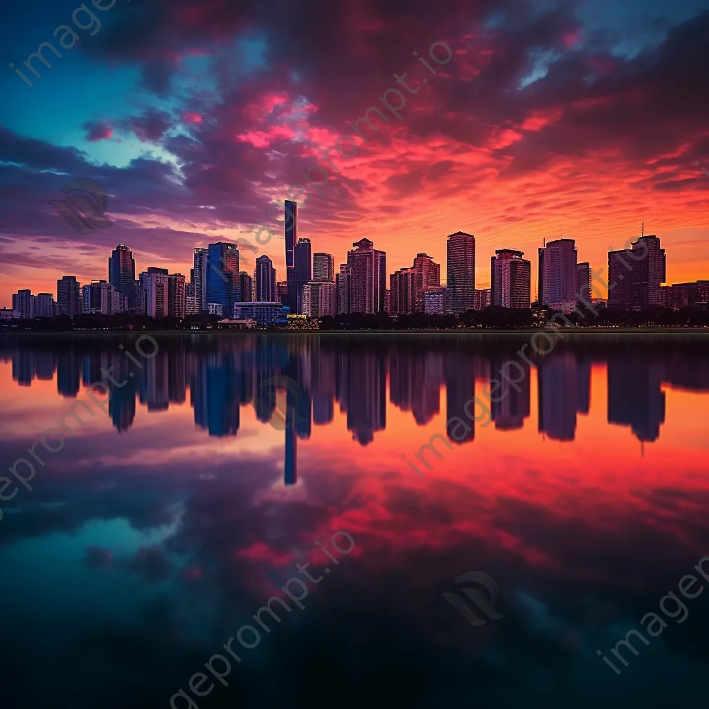 Long exposure photo of city skyline reflected in a lake during sunset - Image 1