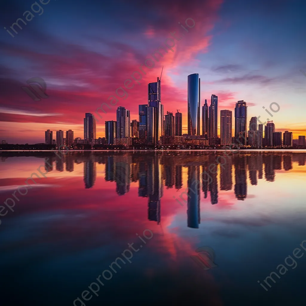 Long exposure photo of city skyline reflected in a lake during sunset - Image 2