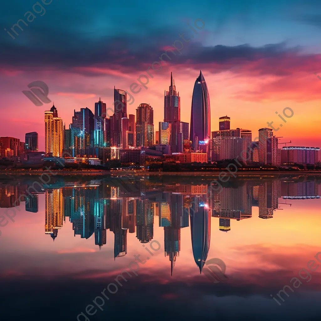 Long exposure photo of city skyline reflected in a lake during sunset - Image 3