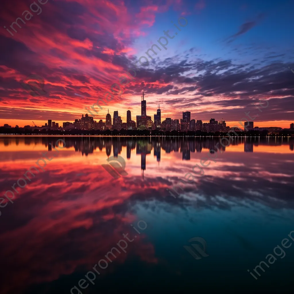 Long exposure photo of city skyline reflected in a lake during sunset - Image 4