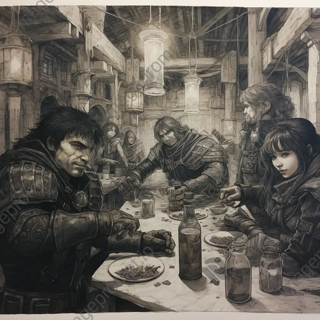 Detailed ink-drawing of a lively medieval fantasy tavern scene in manga style - Image 1