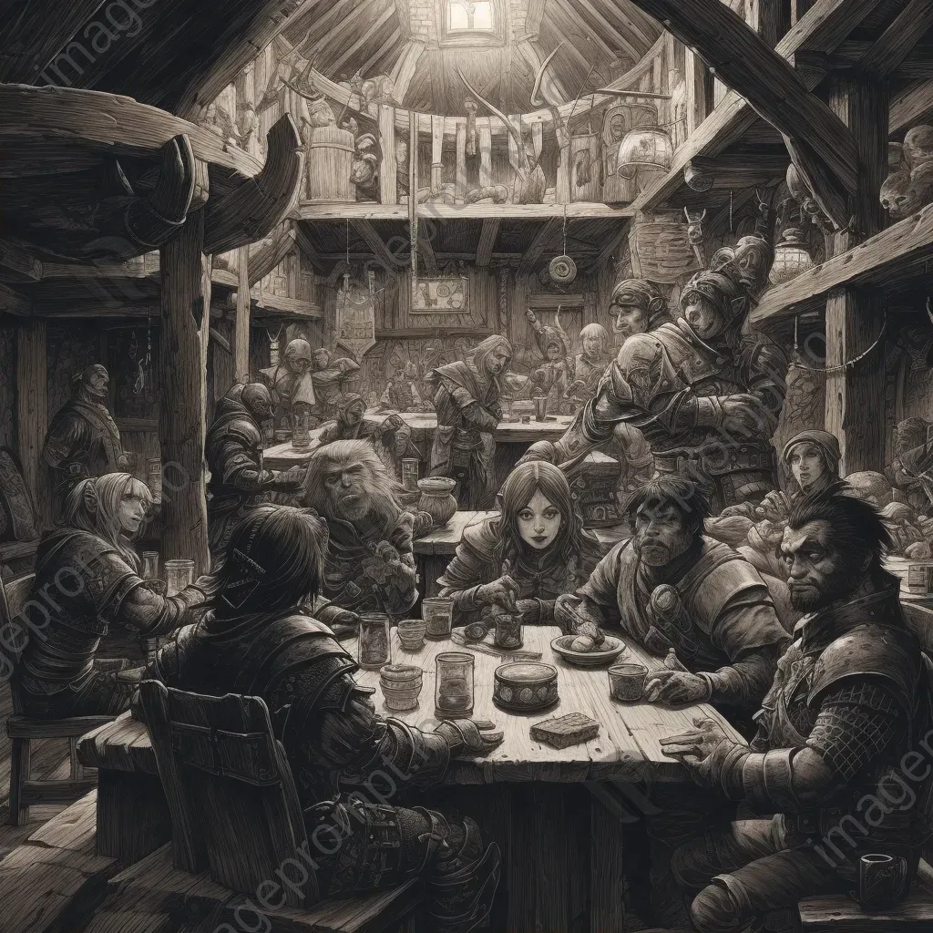 Detailed ink-drawing of a lively medieval fantasy tavern scene in manga style - Image 2