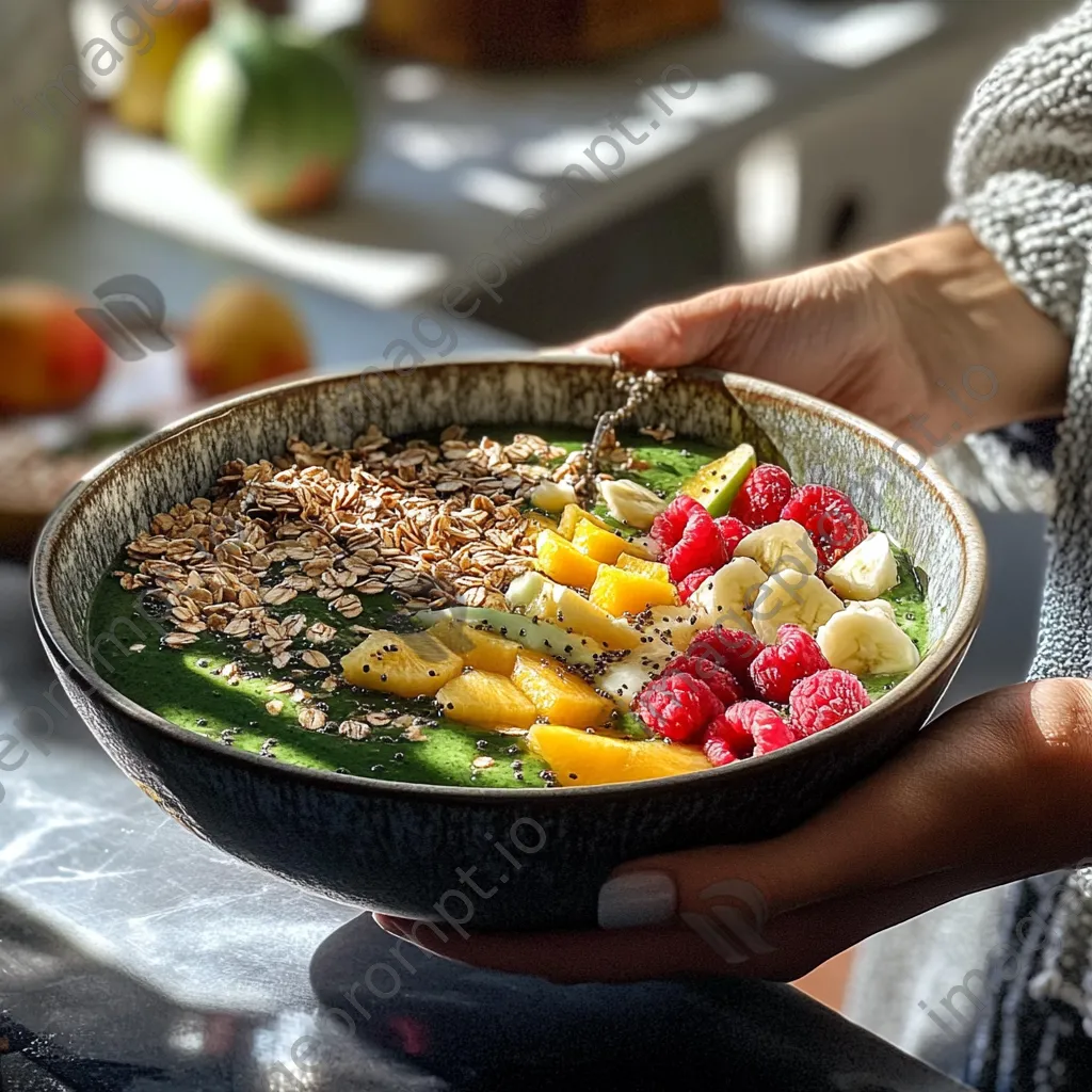 Individual preparing a smoothie bowl with fruits and granola - Image 3