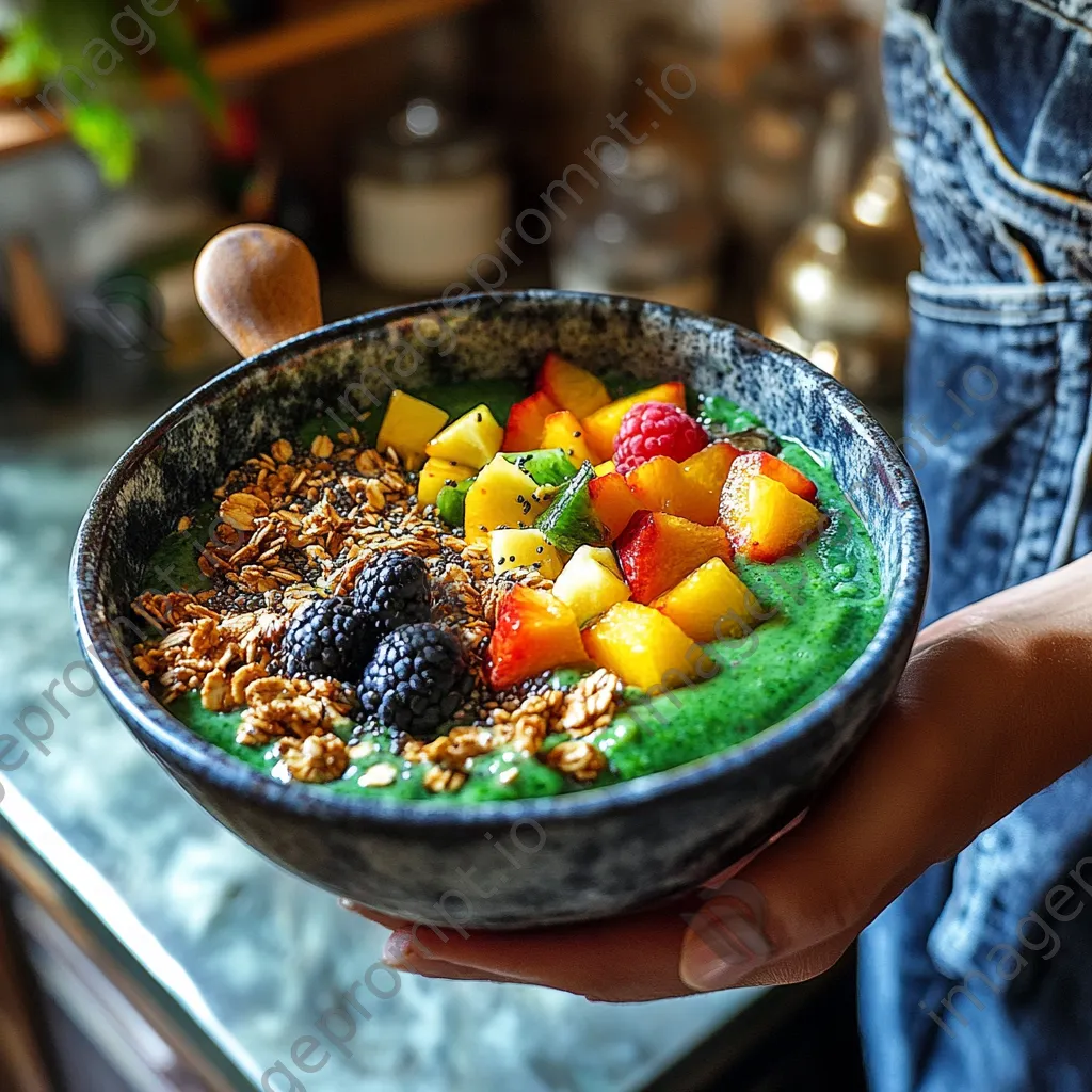 Individual preparing a smoothie bowl with fruits and granola - Image 4