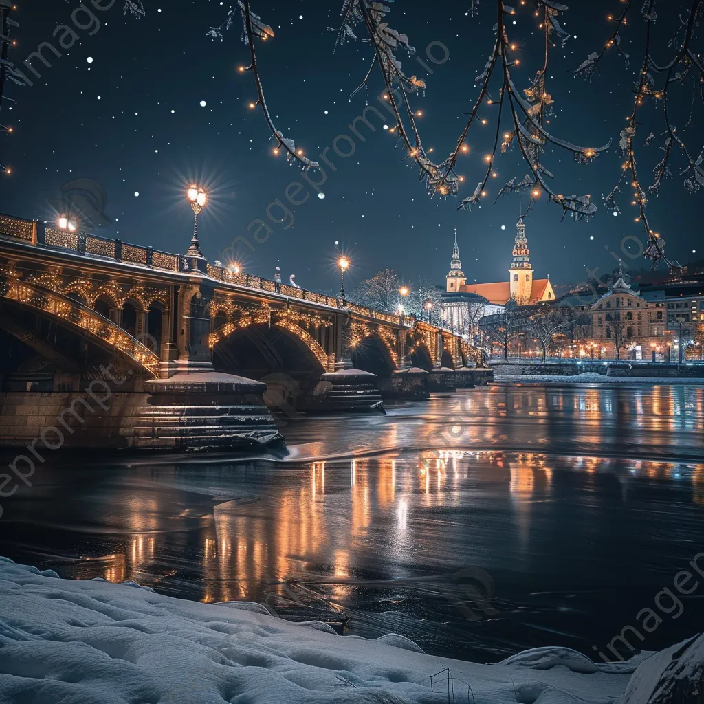 Long exposure photo of a historic bridge reflected in water at night - Image 1