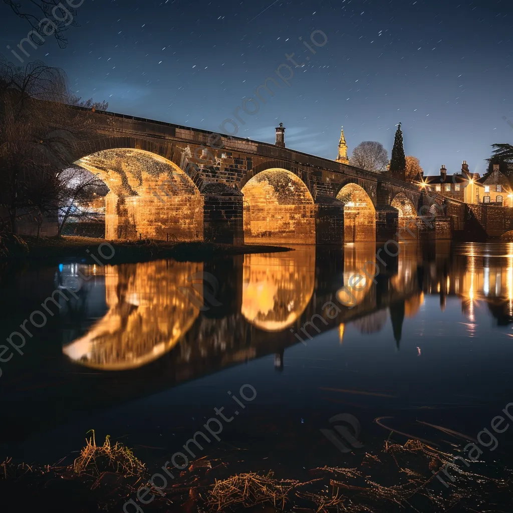 Long exposure photo of a historic bridge reflected in water at night - Image 2