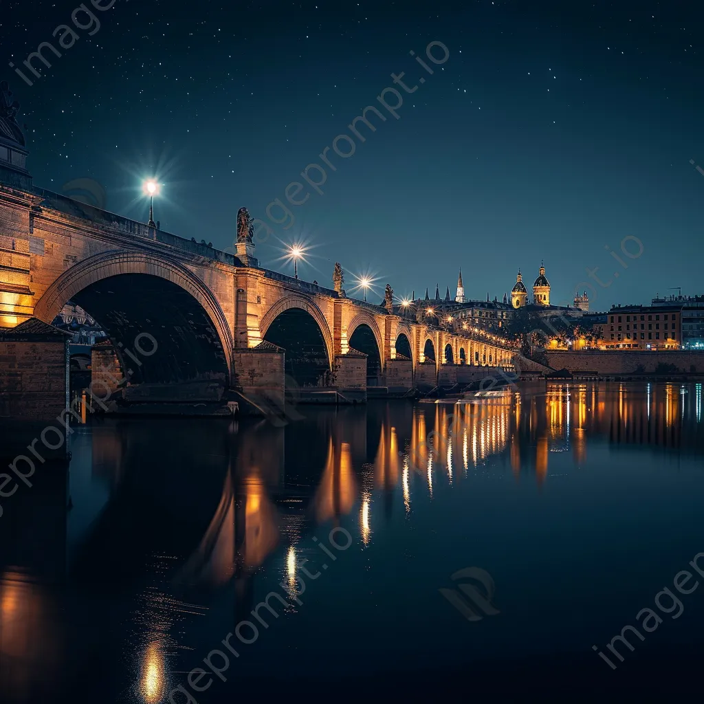 Long exposure photo of a historic bridge reflected in water at night - Image 3