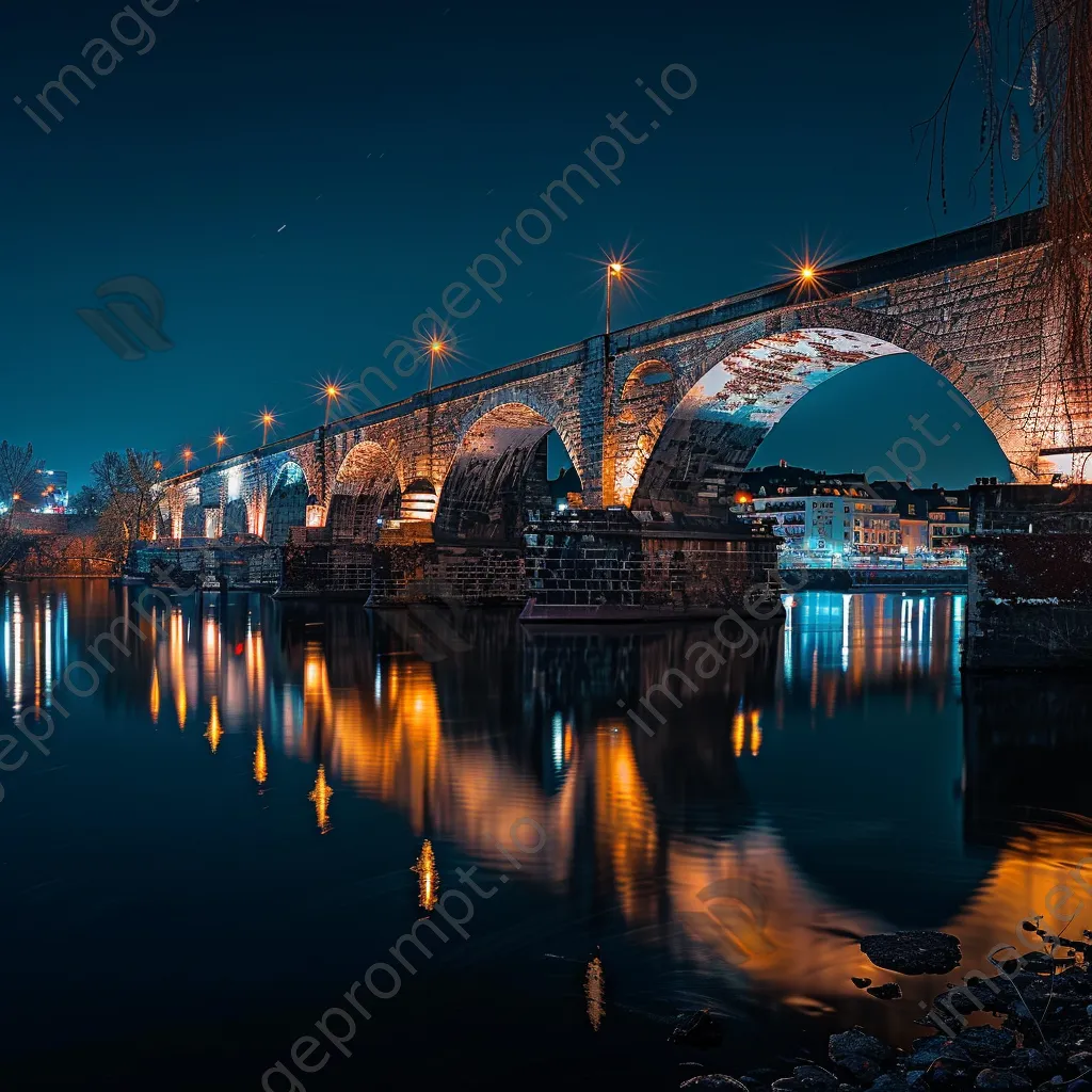 Long exposure photo of a historic bridge reflected in water at night - Image 4