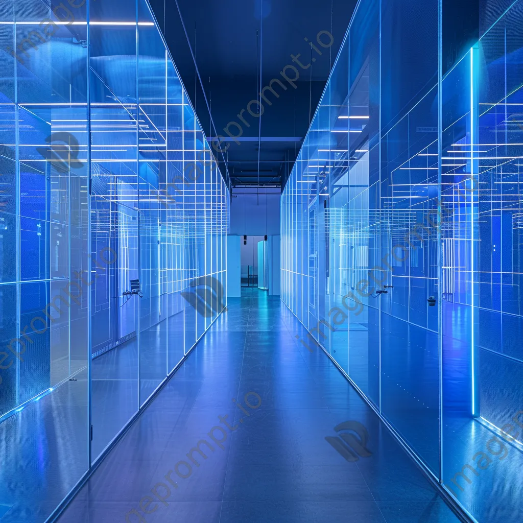 Futuristic data center with transparent walls and blue lighting. - Image 1