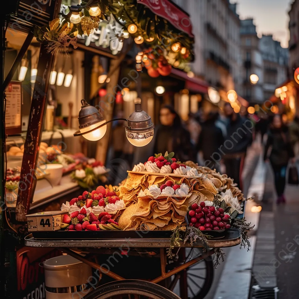 Cart overflowing with freshly made crepes at a busy European street. - Image 1