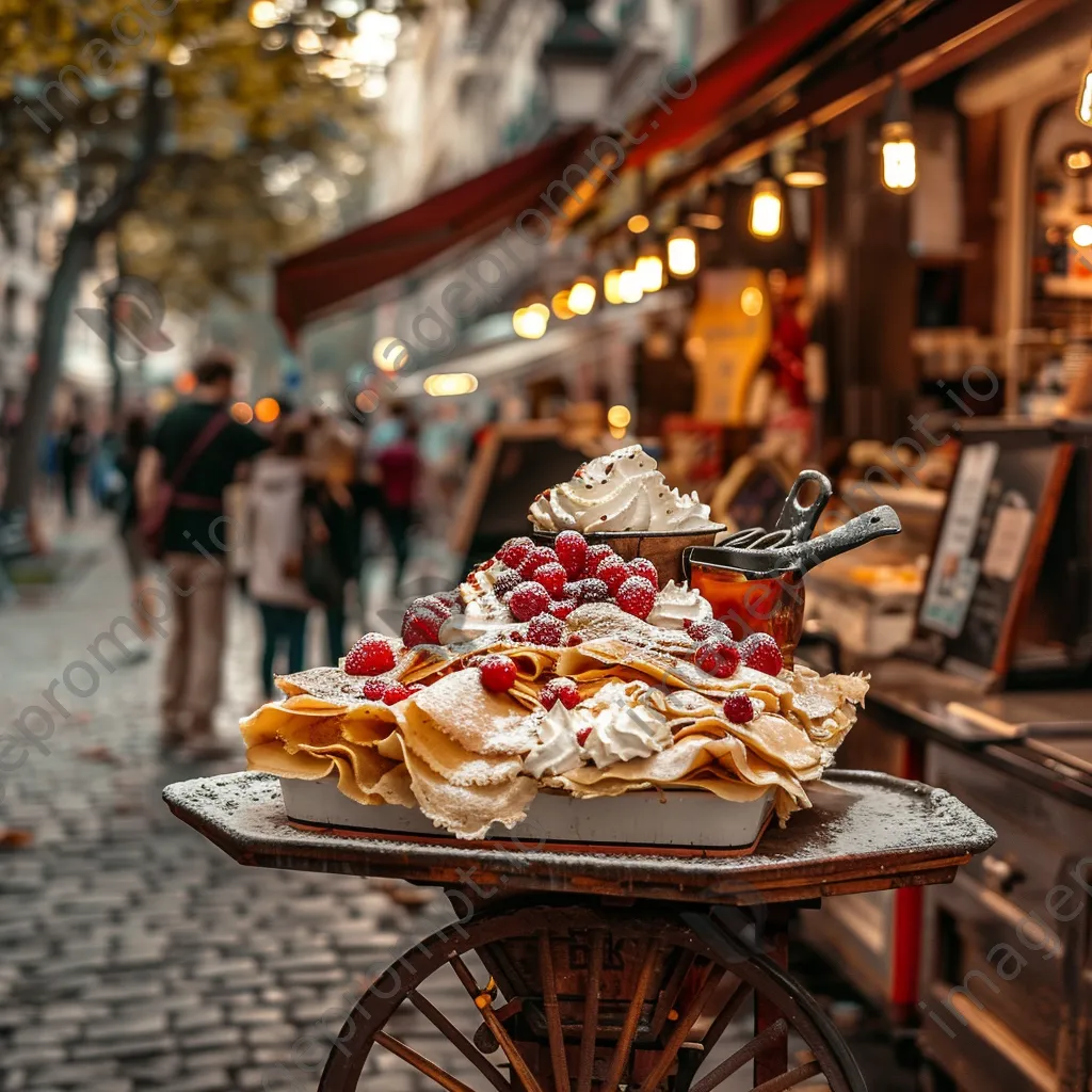 Cart overflowing with freshly made crepes at a busy European street. - Image 3