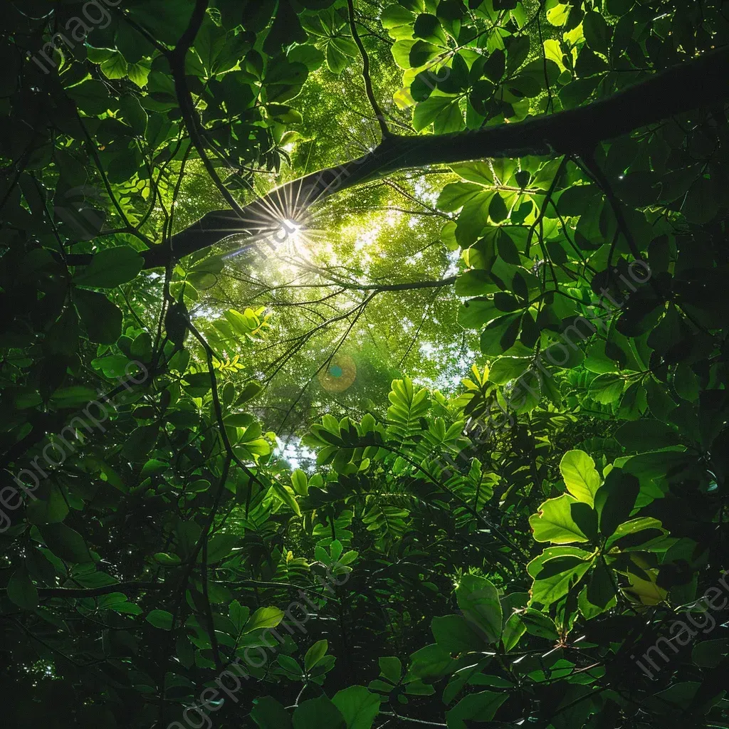 Lush green forest canopy with sunlight filtering through the leaves - Image 3