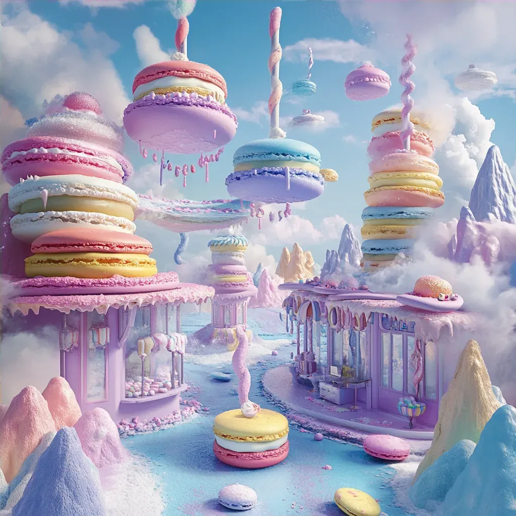 Vibrant pastry shop with floating macarons and cake mountains reminiscent of Candy Crush game - Image 4