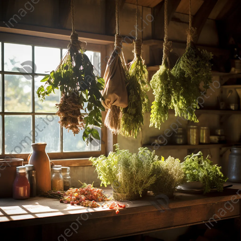 Fresh herbs tied for drying in traditional kitchen with soft light - Image 1