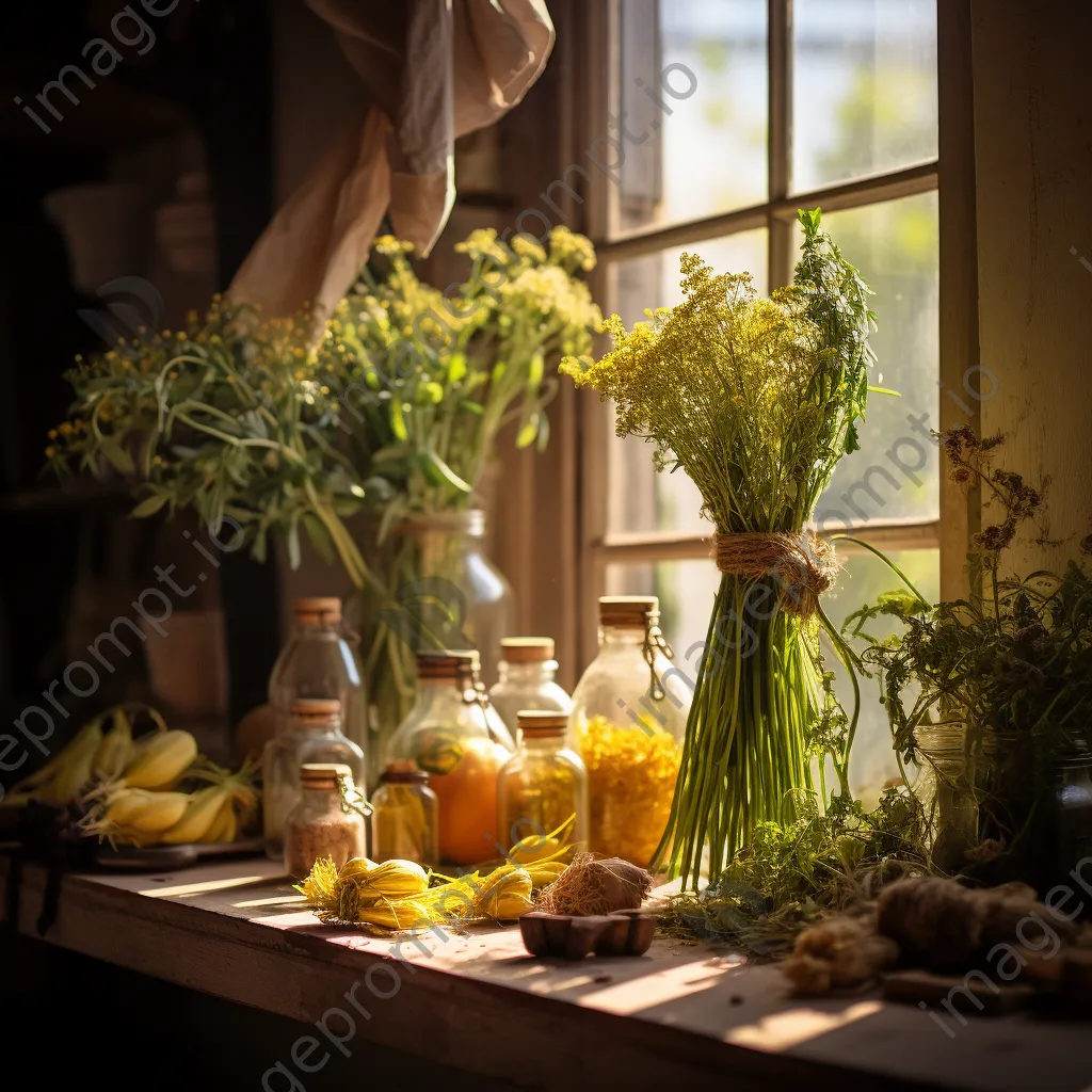 Fresh herbs tied for drying in traditional kitchen with soft light - Image 2