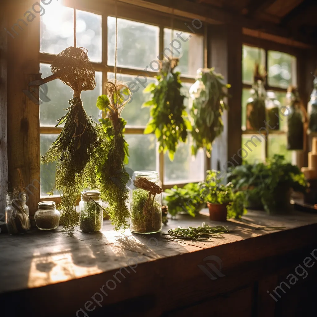 Fresh herbs tied for drying in traditional kitchen with soft light - Image 3