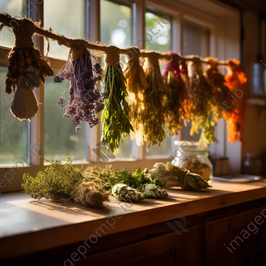 Fresh herbs tied for drying in traditional kitchen with soft light - Image 4