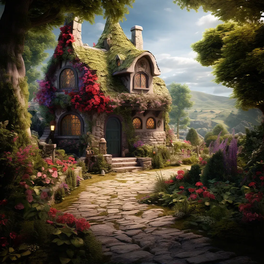 Image of a fairytale-like garden with blooming flowers and an ivy-covered cottage - Image 1