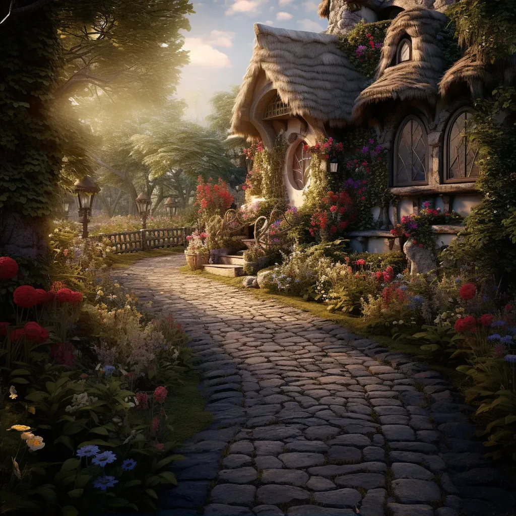 Image of a fairytale-like garden with blooming flowers and an ivy-covered cottage - Image 2