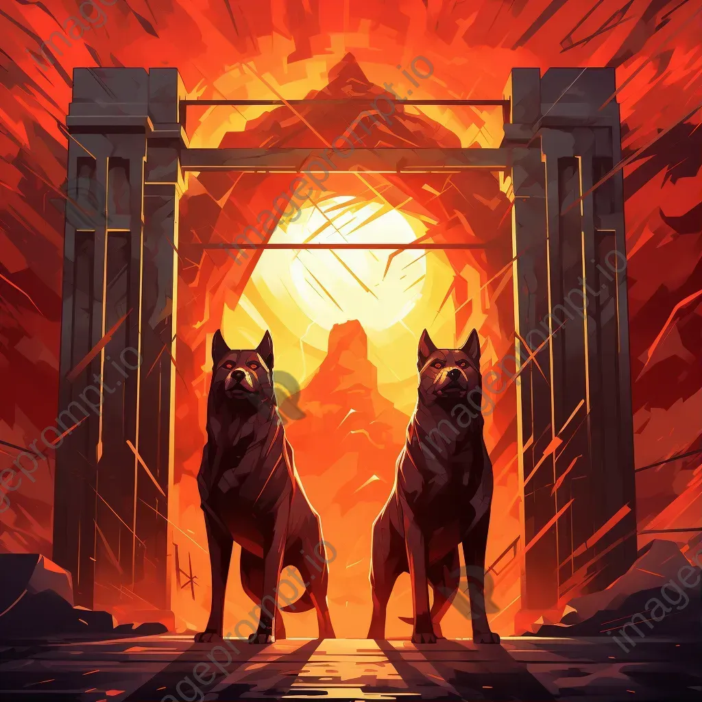 A low poly rendering of Cerberus, with a fiery glow, guarding Hades’ gates - Image 1