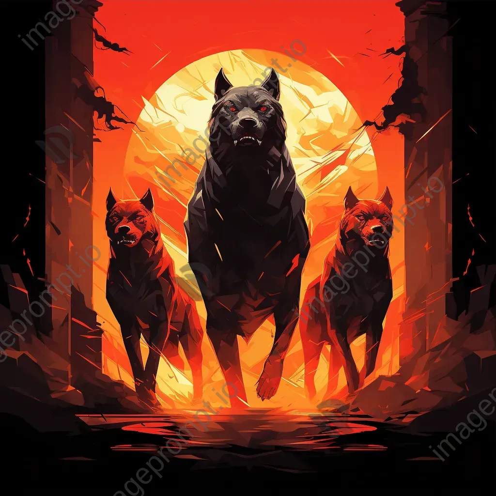 A low poly rendering of Cerberus, with a fiery glow, guarding Hades’ gates - Image 3