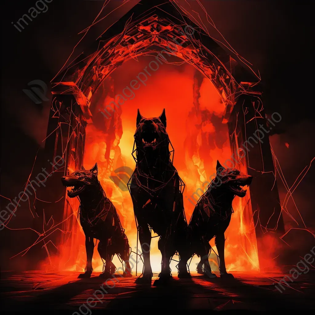 A low poly rendering of Cerberus, with a fiery glow, guarding Hades’ gates - Image 4