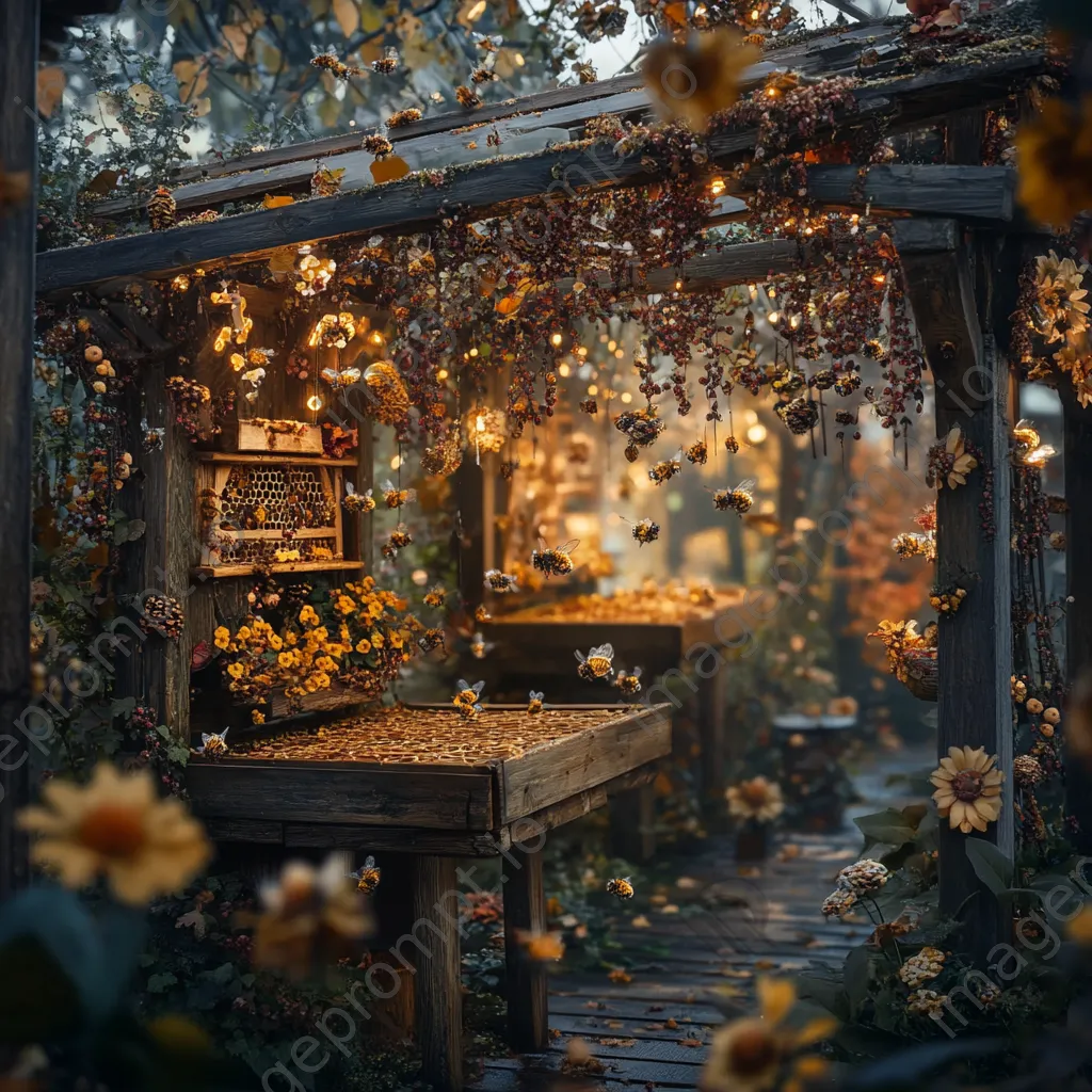 Traditional apiary decorated for autumn with bees and colorful flowers in warm light. - Image 1