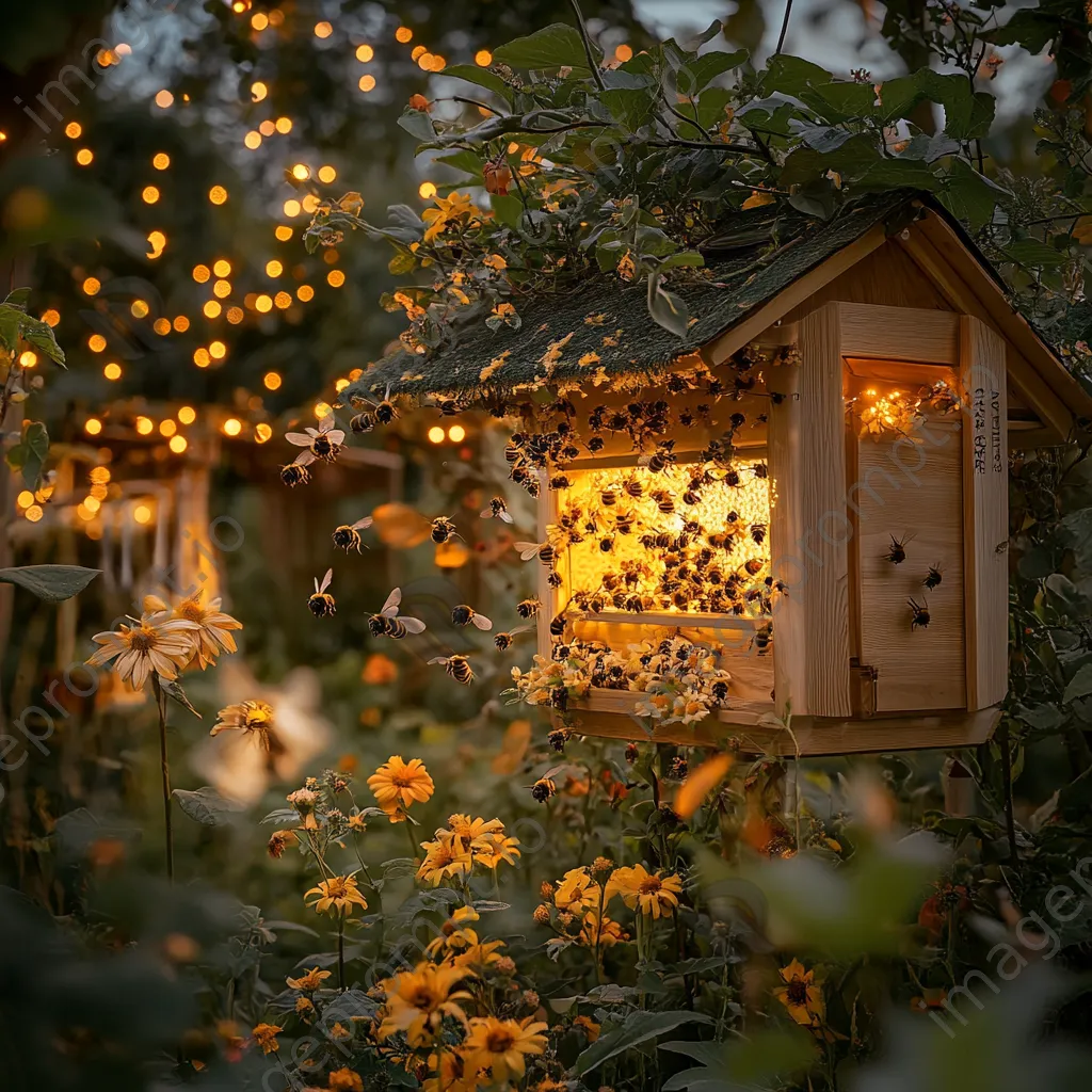 Traditional apiary decorated for autumn with bees and colorful flowers in warm light. - Image 2