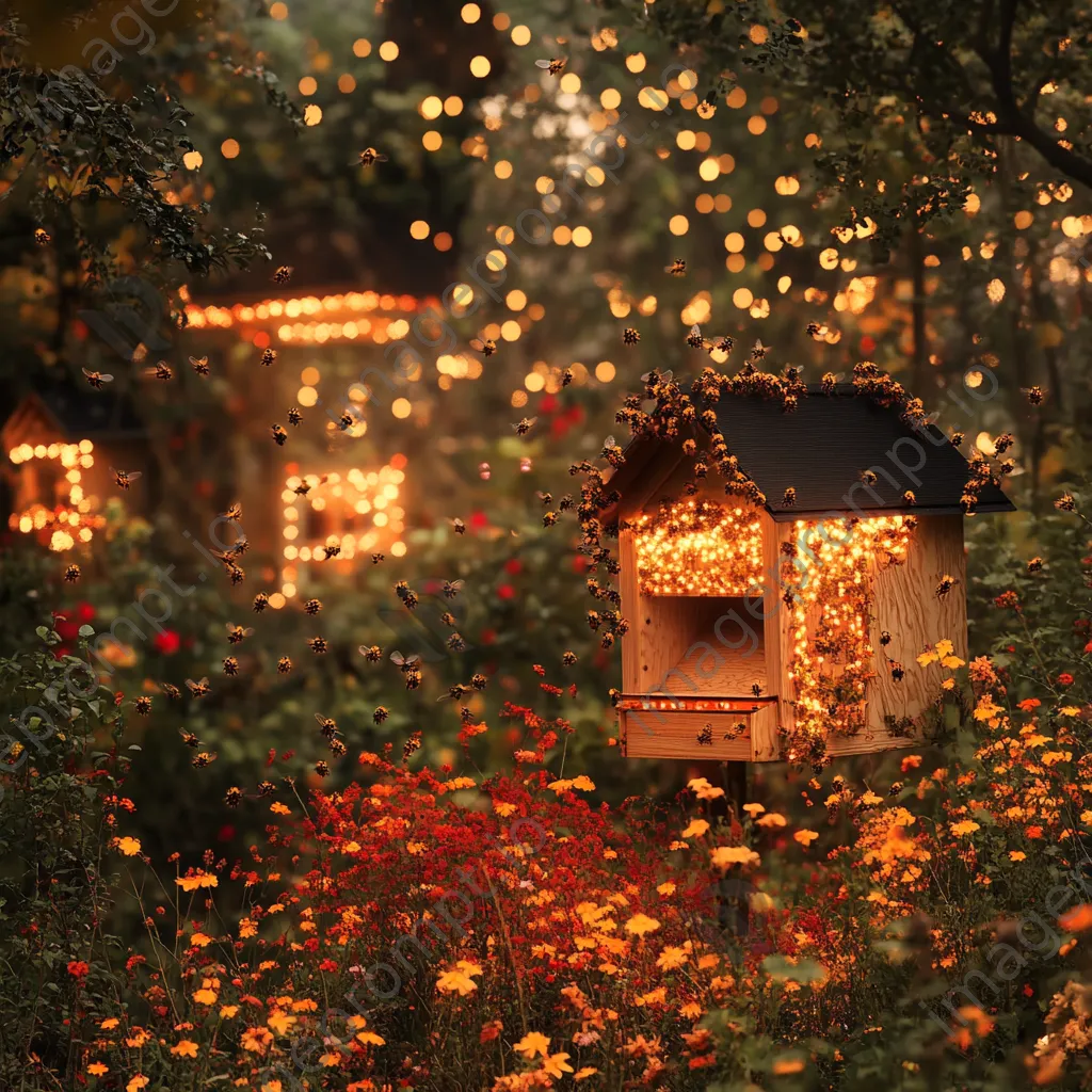 Traditional apiary decorated for autumn with bees and colorful flowers in warm light. - Image 3