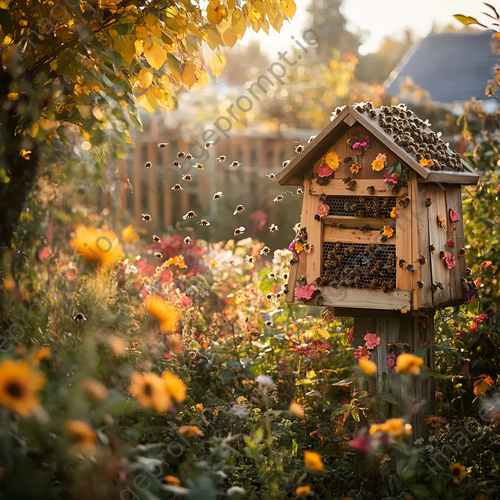 Traditional apiary decorated for autumn with bees and colorful flowers in warm light. - Image 4