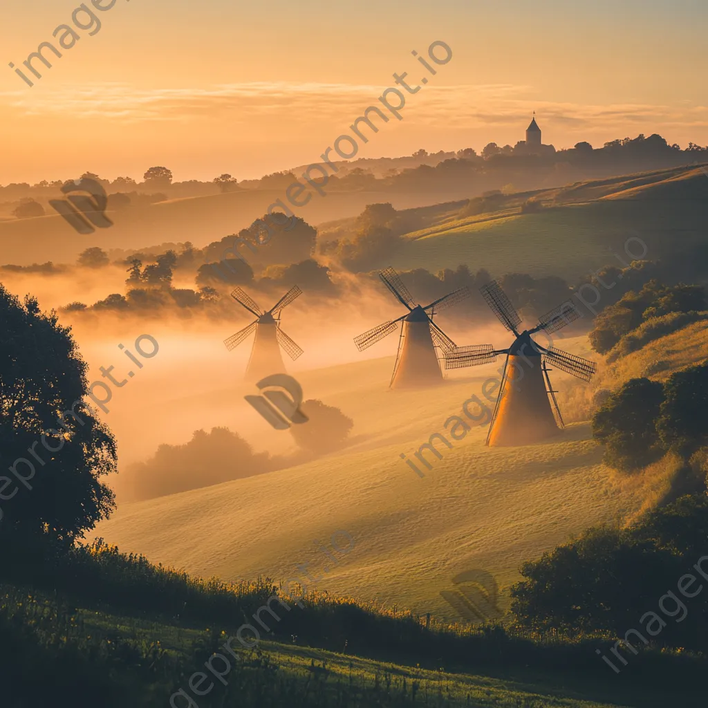 Row of vintage windmills on hillside at dawn - Image 2