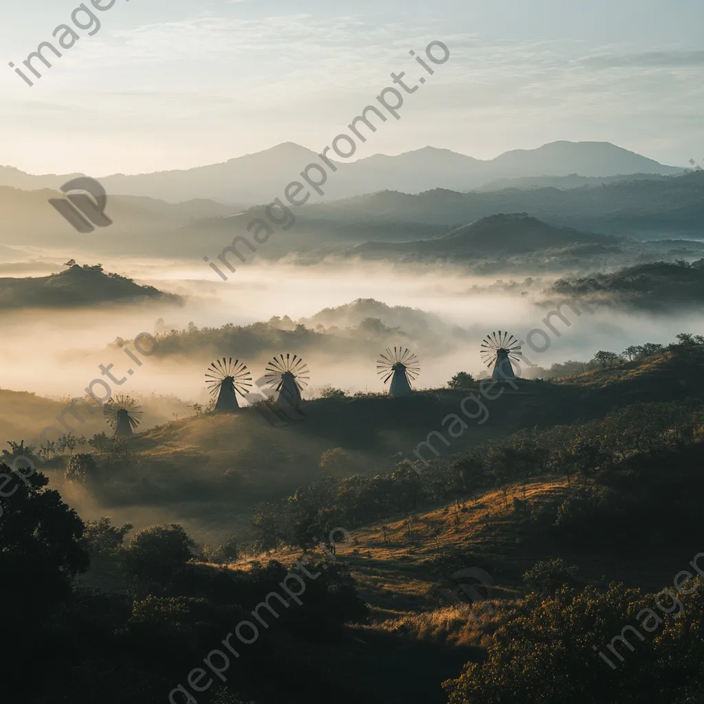 Row of vintage windmills on hillside at dawn - Image 3