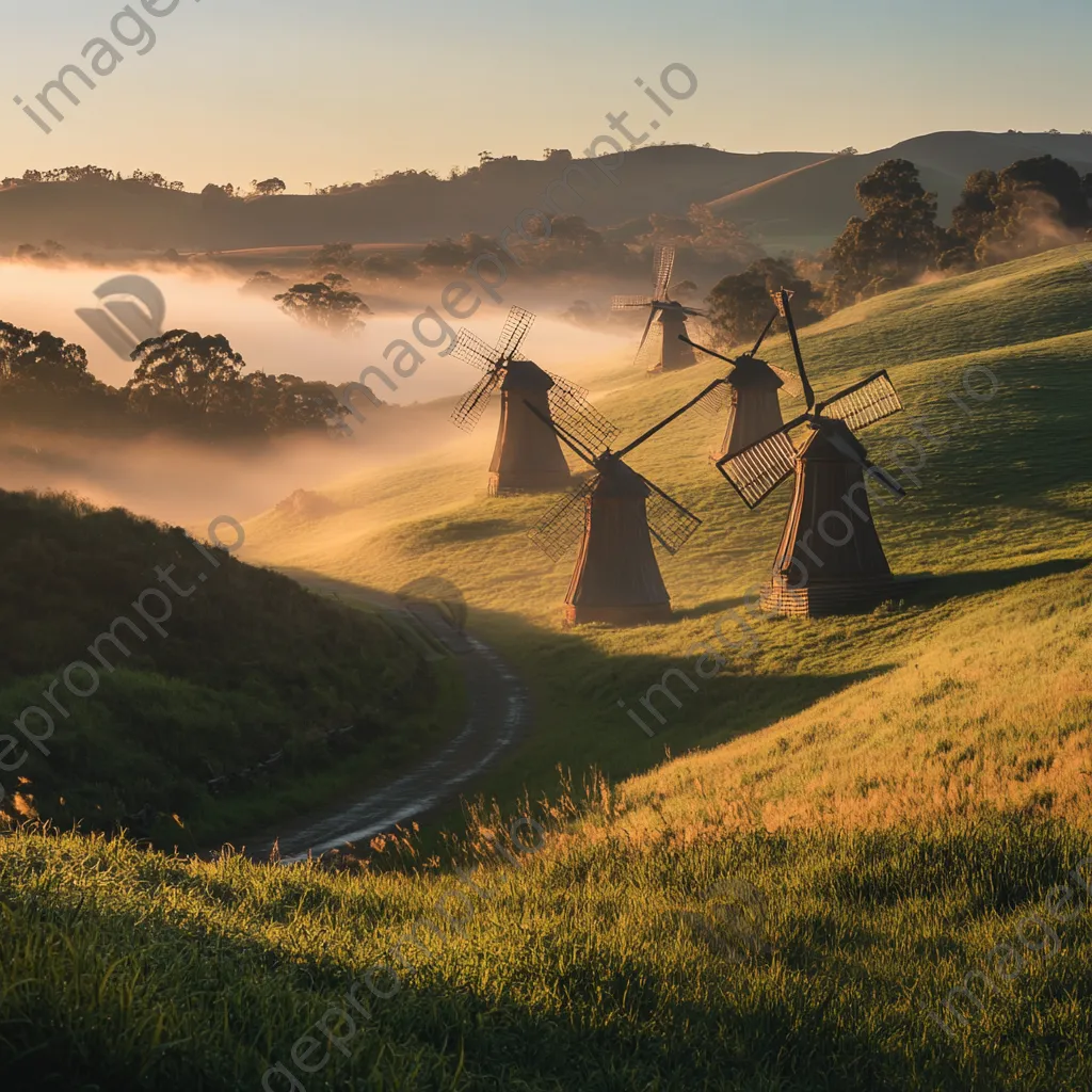 Row of vintage windmills on hillside at dawn - Image 4