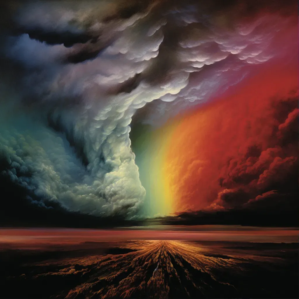 Vivid rainbow appearing in dark stormy sky creating a colorful contrast - Image 1