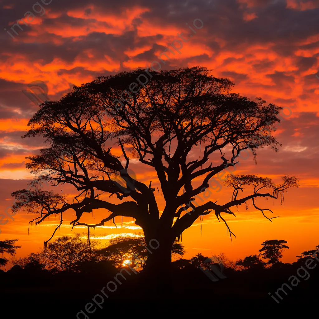 Silhouetted kapok tree against sunset - Image 1