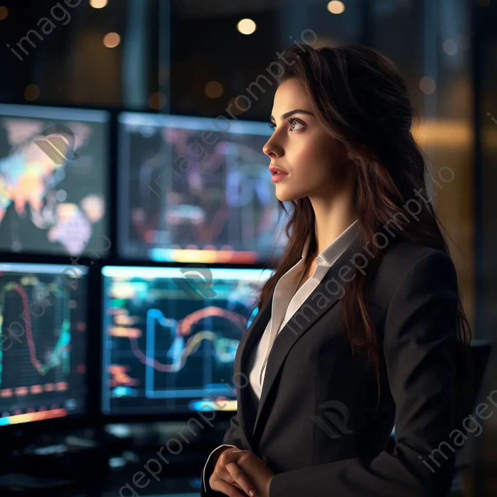 Businesswoman analyzing cybersecurity trends on a holographic interface - Image 2